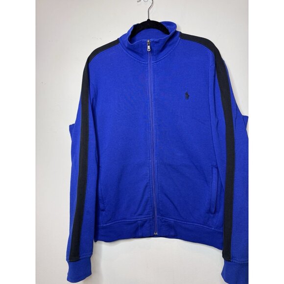 VTG POLO RALPH LAUREN MEN FULL ZIP TRACK FLEECE SWEATER BLUE BLACK PONY LOGO L - Picture 1 of 12